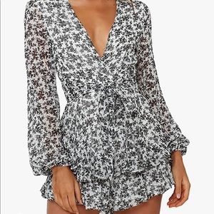 Women's Jumpsuits Deep V-Neck Long Sleeve Knot Front Ruffle Hem Floral Rompers